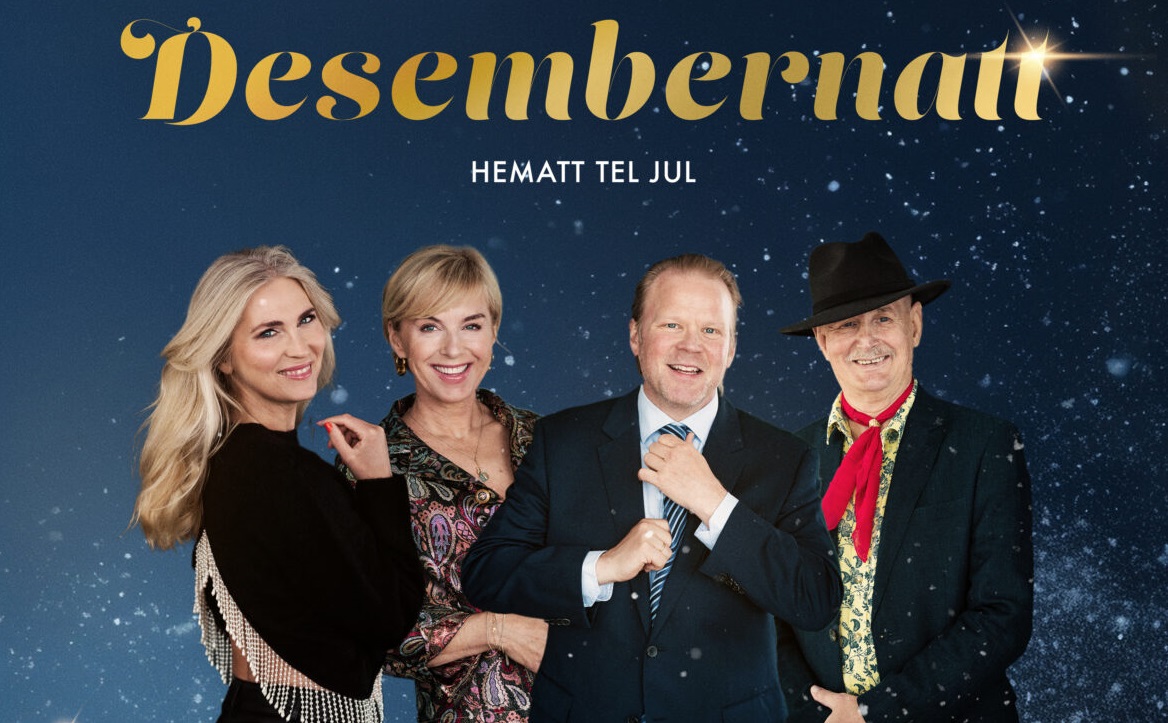 Artistene Eli Kristin Hanssveen, Silje Nergaard, Anders Baasmo og Elias Akselsen ikledd julekjoler og finstas